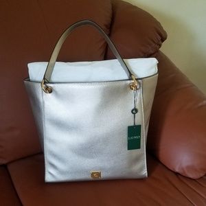 NWT Ralph Lauren Leather Tote Champagne Silver